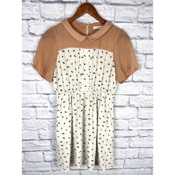 LOWRYS FARM Women's Tan Collared Animal Print Short Sleeve Dress Medium - Picture 1 of 7